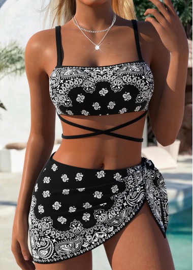 women clothes image of Black Mid Waisted Bowknot Tribal Print Bikini Set