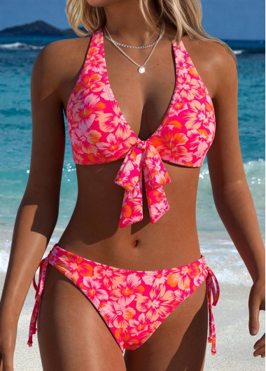 women clothes image of Peach Red Mid Waisted Patchwork Floral Print Bikini Set