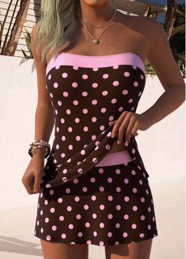women clothes image of Pink Mid Waisted Pull On Polka Dot Tankini Set