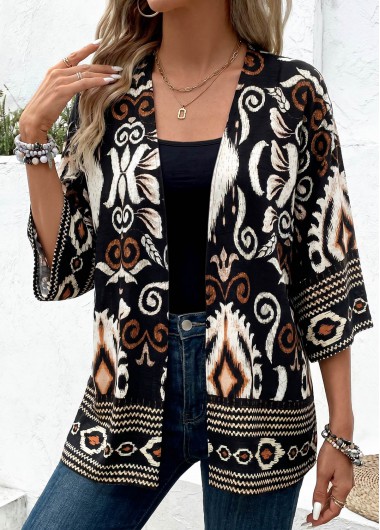 women clothes image of Black Tribal Print 3/4 Sleeve Cardigan
