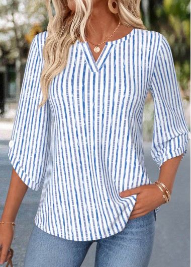 women clothes image of Blue Striped Curved Hem 3/4 Sleeve Split Neck Blouse
