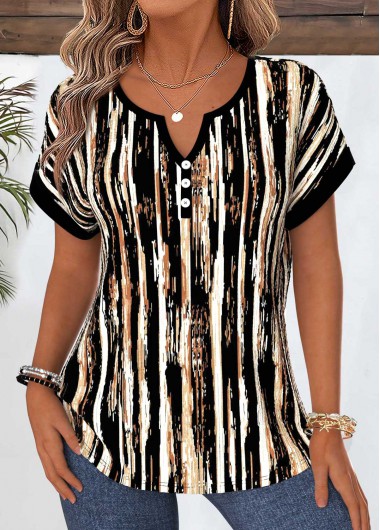 women clothes image of Multi Color Geometric Print Tummy Coverage Short Sleeve Blouse