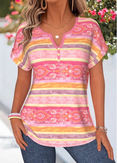 women clothes image of Multi Color Paisley Print Tummy Coverage Short Sleeve Blouse