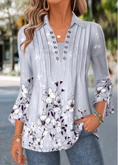 women clothes image of Grey Floral Print Curved Hem 3/4 Sleeve Blouse