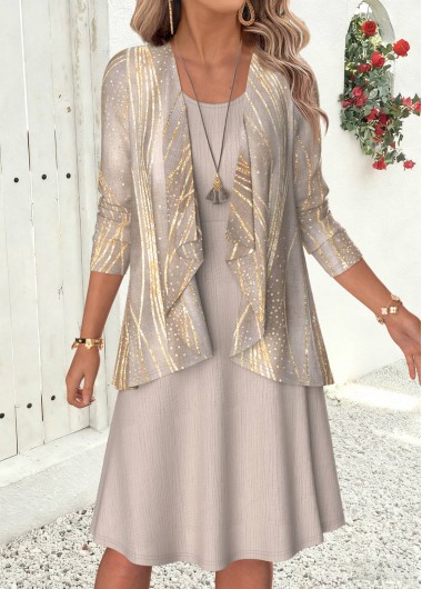 women clothes image of Gray Brown Geometric Print Two-piece Dress and Cardigan
