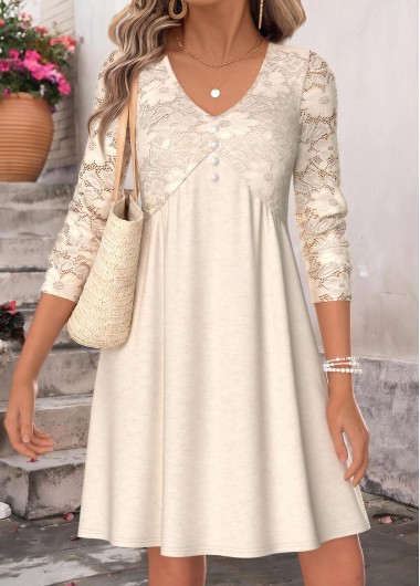 women clothes image of Beige Short Patchwork Long Sleeve V Neck Dress
