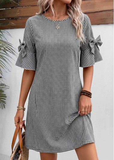 women clothes image of Multi Color Plaid Short Bowknot Half Sleeve Dress