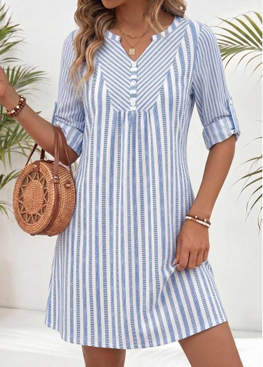 women clothes image of Light Blue Striped Short Patchwork Half Sleeve Dress