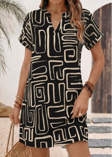 women clothes image of Black Geometric Print Short V Neck Dress