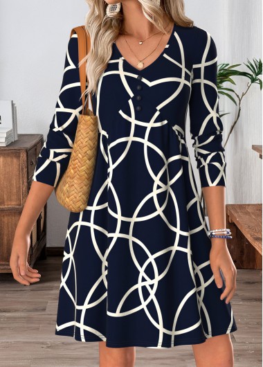 women clothes image of Navy Geometric Print Short Long Sleeve V Neck Dress
