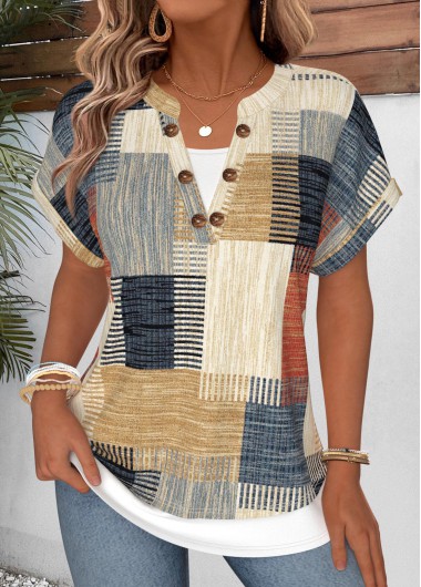 women clothes image of Multi Color Geometric Print Fake 2in1 T Shirt