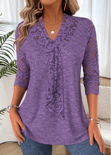 women clothes image of Purple Patchwork 3/4 Sleeve V Neck T Shirt