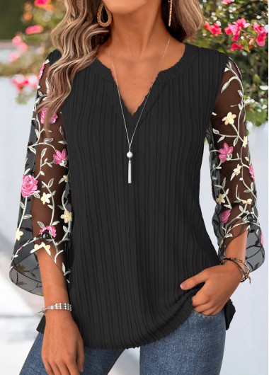 women clothes image of Black Floral Print Patchwork 3/4 Sleeve Split Neck Blouse