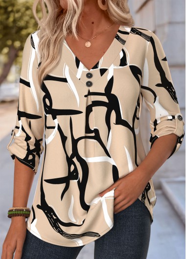 women clothes image of Light Camel Geometric Print Curved Hem Long Sleeve Blouse