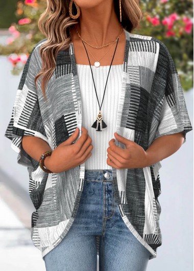 women clothes image of Dark Grey Geometric Print Tummy Coverage Light Cardigan