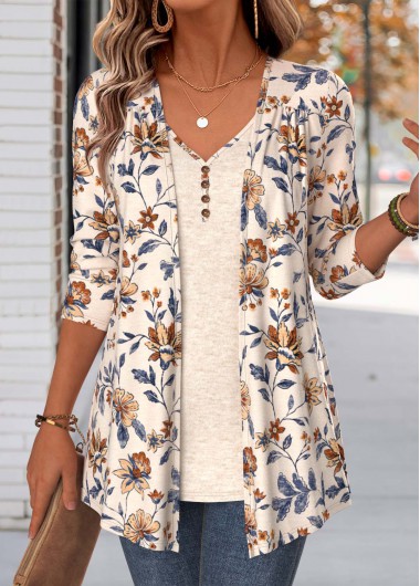 women clothes image of Beige Floral Print Long Sleeve Fake Two Piece Twinset