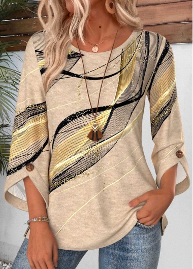 women clothes image of Light Camel Geometric Print Button 3/4 Sleeve Blouse
