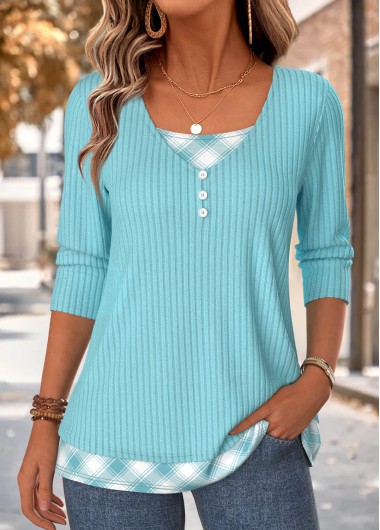 women clothes image of Blue Plaid Fake 2in1 Long Sleeve T Shirt