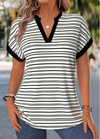 women clothes image of Black Striped Short Sleeve Split Neck Blouse