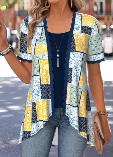 women clothes image of Navy Patchwork Short Sleeve Fake Two Piece Twinset
