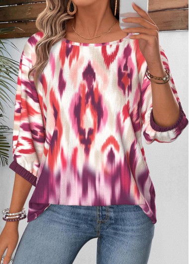 women clothes image of Purple Tribal Print Curved Hem 3/4 Sleeve Blouse