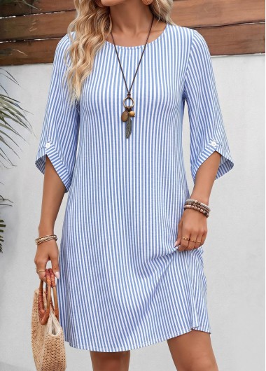 women clothes image of Light Blue Striped Short Tummy Coverage 3/4 Sleeve Dress