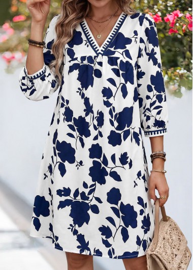 women clothes image of White Floral Print Patchwork 3/4 Sleeve V Neck Dress