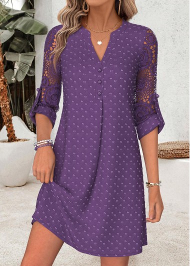 women clothes image of Purple Short Patchwork Long Sleeve Split Neck Dress