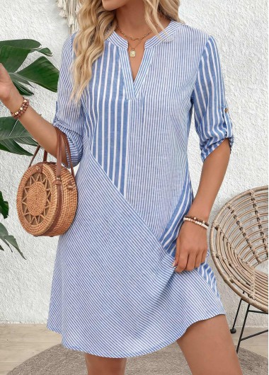 women clothes image of Light Blue Striped Short Tummy Coverage 3/4 Sleeve Dress
