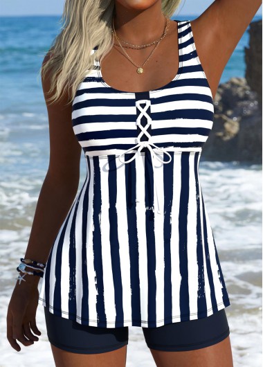 women clothes image of Navy Mid Waisted Lace Up Striped Tankini Set