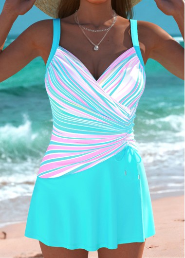 women clothes image of Cyan Bowknot Multi Stripe Print One Piece Swimdress