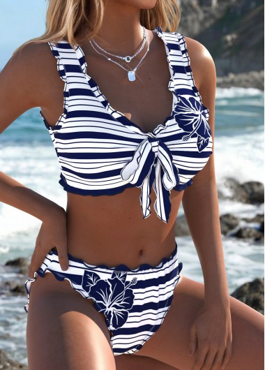 women clothes image of Navy Mid Waisted Frill Striped Bikini Set