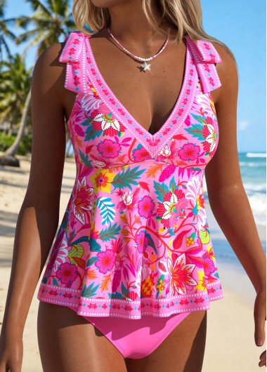 women clothes image of Pink Mid Waisted Bowknot Floral Print Tankini Set