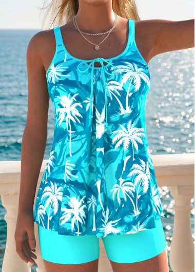women clothes image of Blue Mid Waisted Lace Up Tankini Set