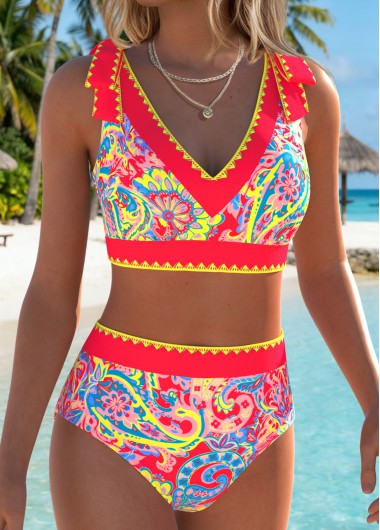 women clothes image of Red Mid Waisted Wide Waistband Floral Print Bikini Set
