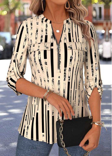 women clothes image of Light Camel Geometric Print Curved Hem 3/4 Sleeve Blouse