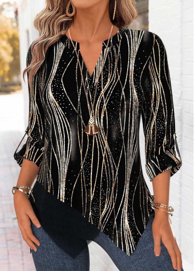 women clothes image of Black Ombre Patchwork 3/4 Sleeve Split Neck Blouse