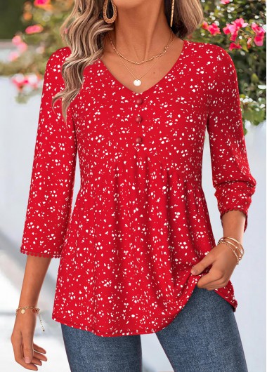 women clothes image of Red Polka Dot Curved Hem 3/4 Sleeve Blouse