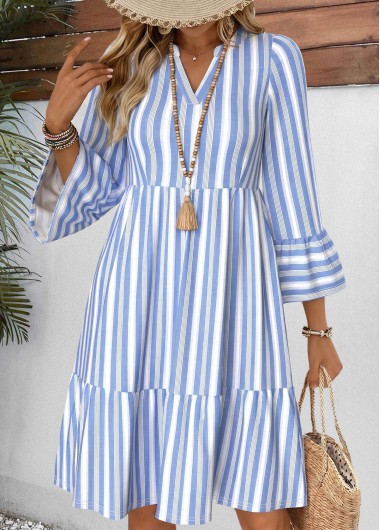 women clothes image of Blue Striped Patchwork 3/4 Sleeve Split Neck Dress