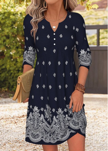 women clothes image of Navy Tribal Print Short Patchwork Long Sleeve Dress