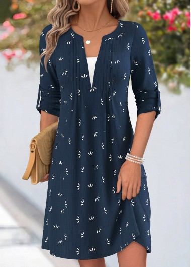 women clothes image of Navy Tribal Print Patchwork Long Sleeve Split Neck Dress