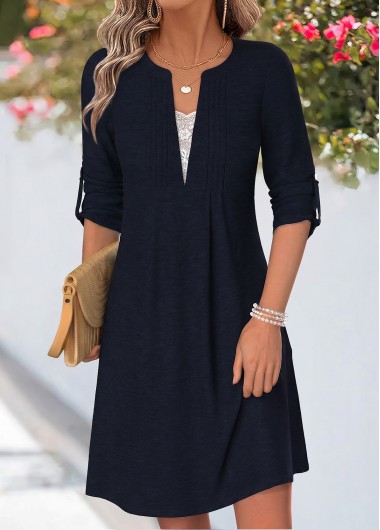 women clothes image of Navy Patchwork Long Sleeve Split Neck Dress