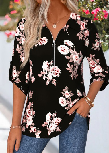 women clothes image of Black Floral Print Half Sleeve Shirt Collar Blouse