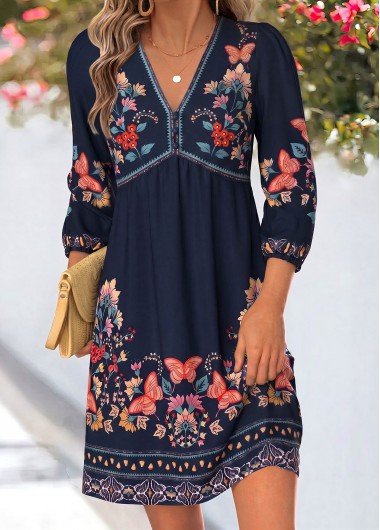women clothes image of Navy Floral Print Short Tummy Coverage 3/4 Sleeve Dress