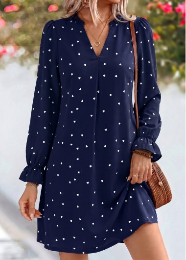 women clothes image of Navy Geometric Print Short Shirred Long Sleeve Dress
