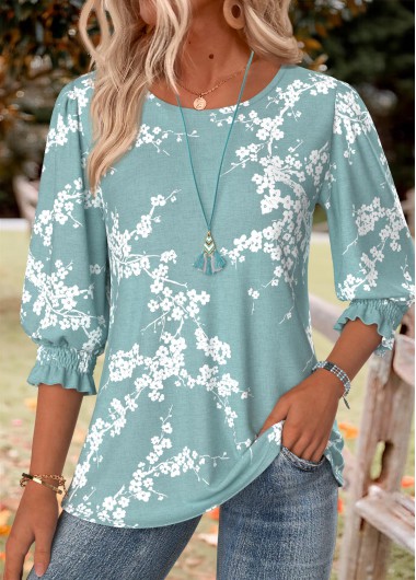 women clothes image of Green Floral Print Smocked 3/4 Sleeve Round Neck Blouse