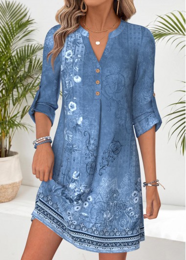 women clothes image of Blue Tribal Print Short Tummy Coverage Long Sleeve Dress