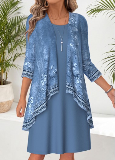 women clothes image of Blue Tribal Print Two-piece Long Sleeve Dress and Cardigan