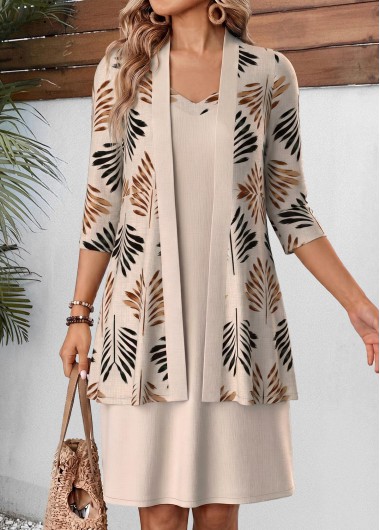 women clothes image of Light Camel Leaf Print Two-piece Dress and Cardigan