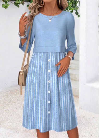 women clothes image of Blue Striped Patchwork Long Sleeve Round Neck Dress